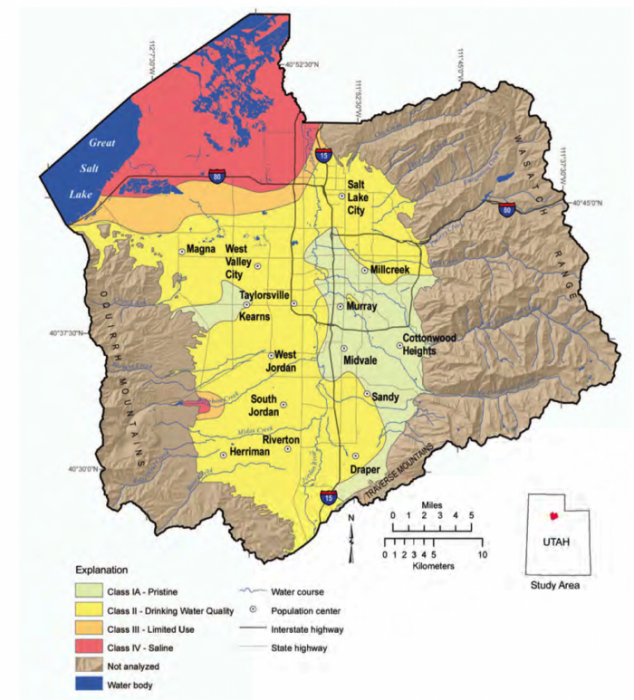 See caption for more. H20 around great salt lake is class 3 & 4. In between the Wasatch Range and Oquirrh mountains the H20 is class 2 or 3