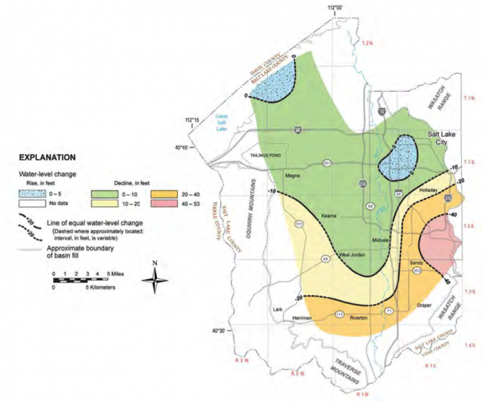 See caption For more. Increase from 0-5 at the lake and next to salt lake city. Water level decreases further way from the lake.