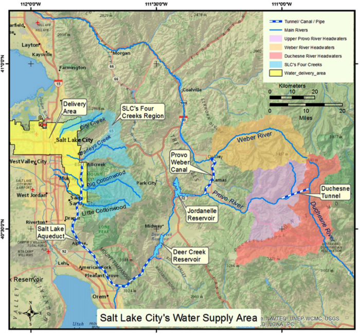 See caption for more. Blue areas on western edge of city. Pinks along rivers several miles west and brought in