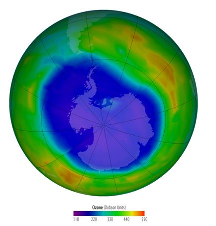 3D globe showing ozone concentrations over Antarctica measured in Dobson units.