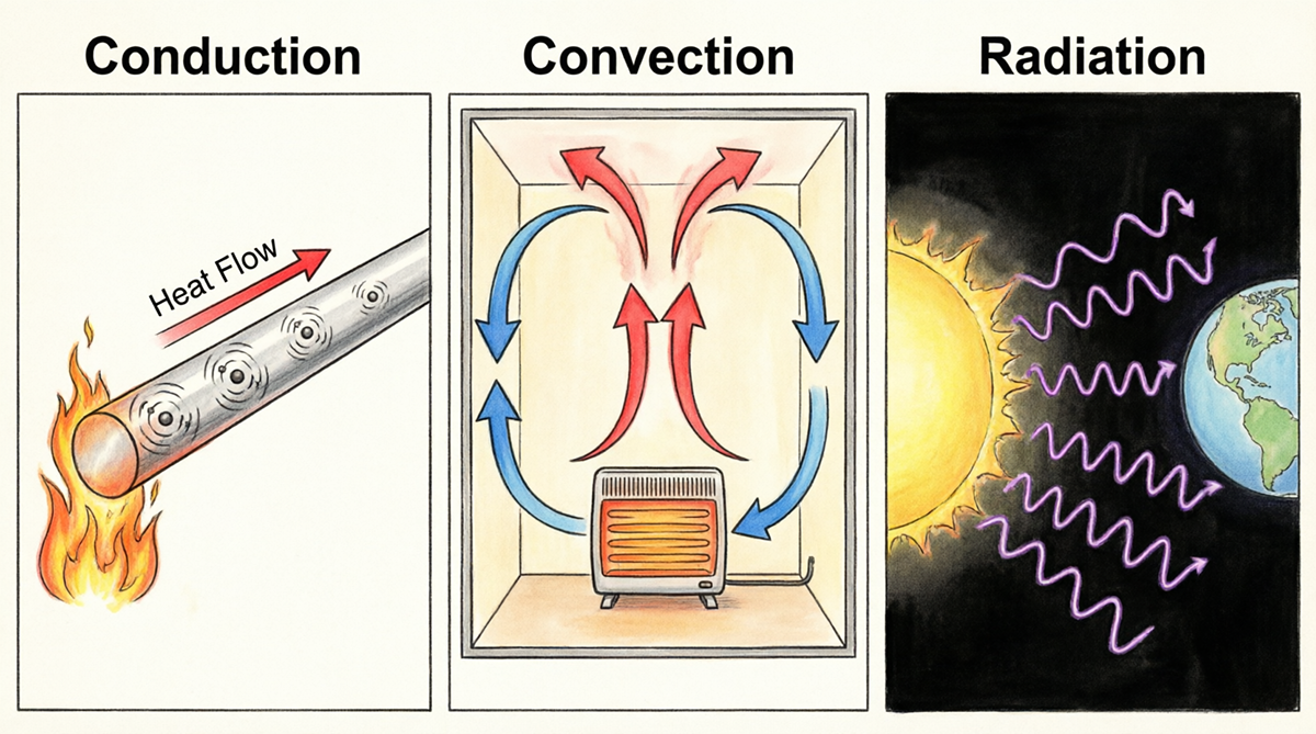 Illustration showing heat transfer methods: conduction, convection, and radiation.