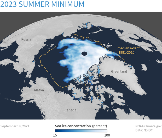 Map of sea ice concentration 2023 Summer Minimum. More details in the paragraph above.