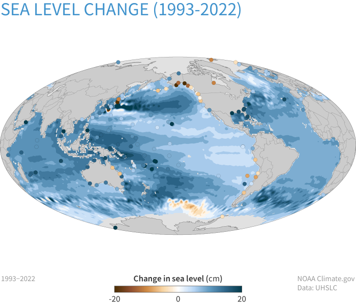Map of Sea Level Change 1993-2022. More details in the caption below.