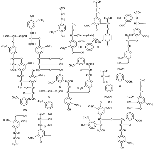 Chemical structures for varieties of lignin complex carbohydrate with multiple hexagonal rings and hydroxyl groups.