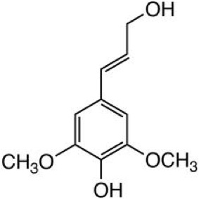 Chemical structure for sinapyl alcohol; a benzene ring with two methoxy groups, a hydroxyl group, and an allyl alcohol group.