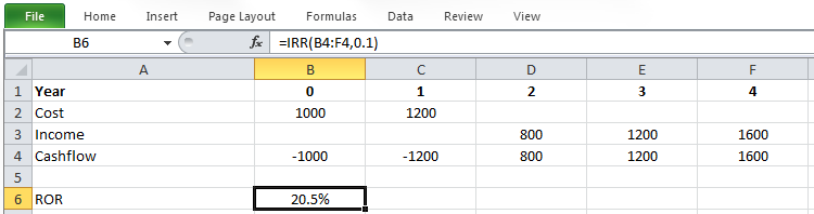 Excel screen capture of calculating ROR. Described in surrounding text