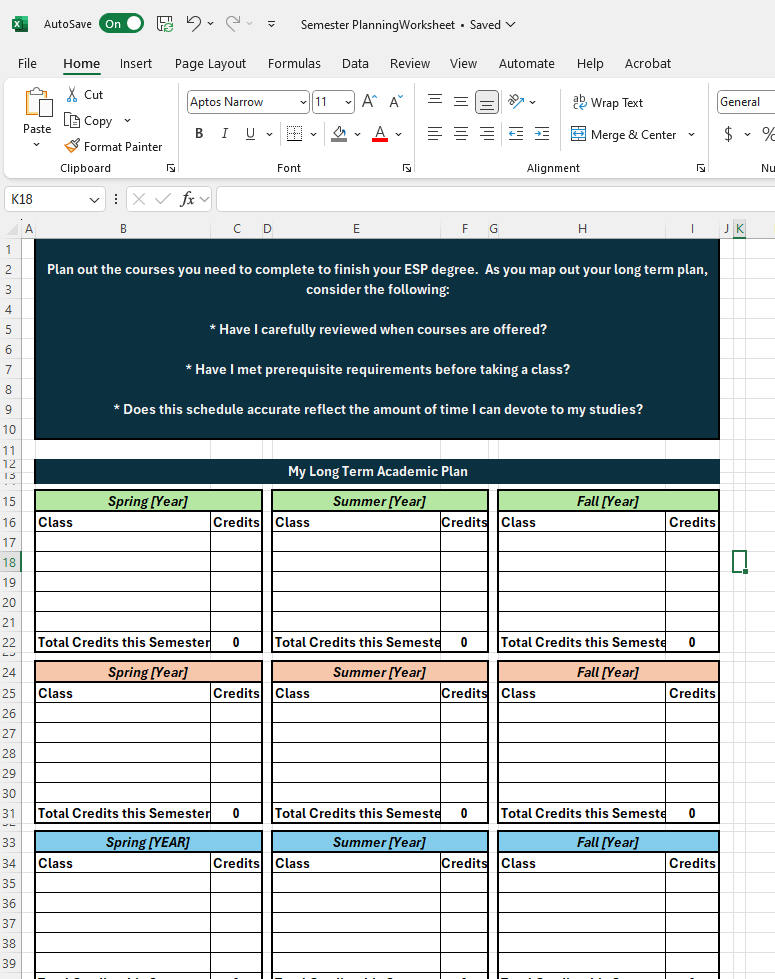 Spreadsheet for semester planning with sections for Spring, Summer, and Fall terms.