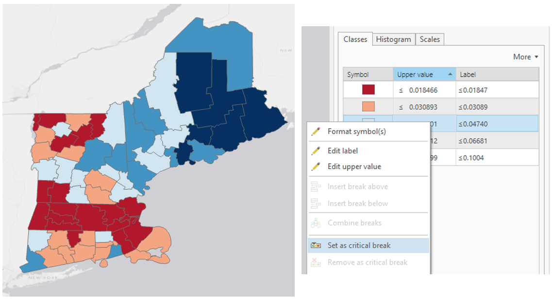 screenshot showing adjusting class breaks and setting a critical break in ArcGIS Pro