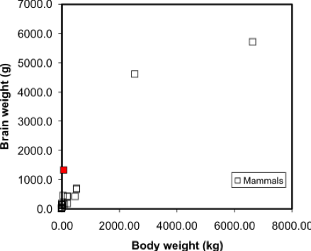 Scatterplot of the mean body and brain weights for a variety of animals. Refer to the paragraph above.