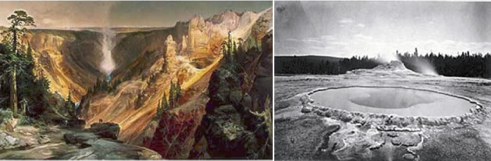 Left: Painting of the Grand Canyon at Yellowstone, Right: Black and white photo of geyser.