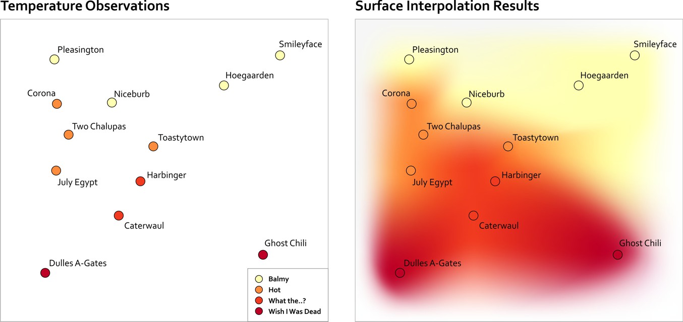 Left: fictional temperature observations. Right: fictional surface interpolation results for the same locations