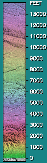 Vertical elevation key with colors from purple to orange, showing heights from 0 to 13,000 feet.