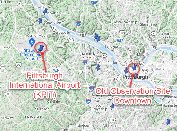 Map showing the location of KPIT compared to the old observation site in Pittsburgh