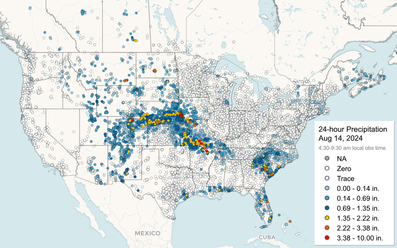 Map showing 24-hour precipitation reported on August 14, 2024.