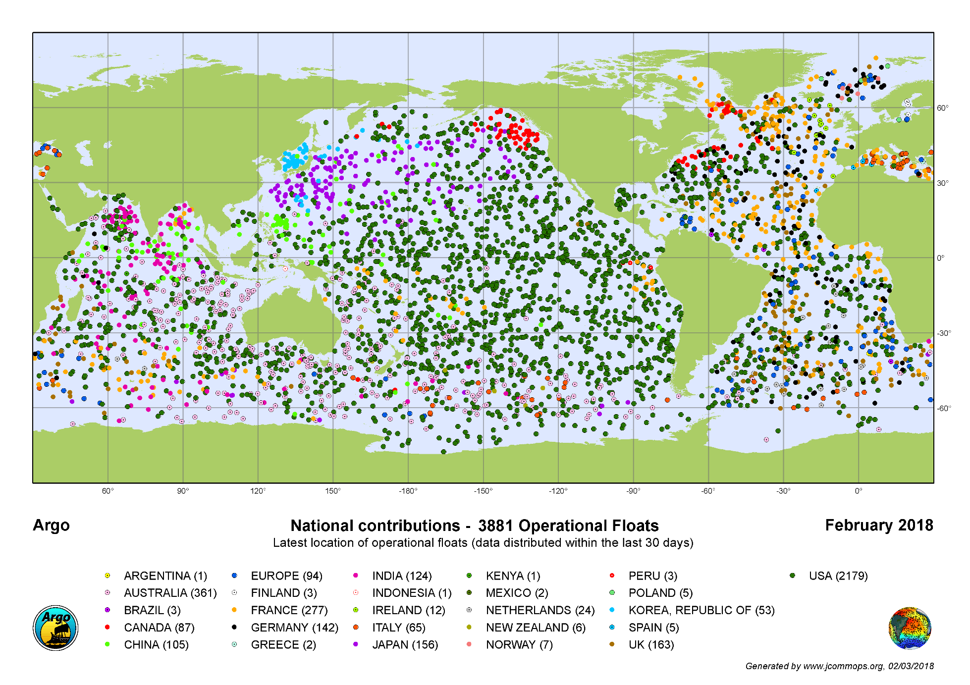 Map showing latest location of operational floats