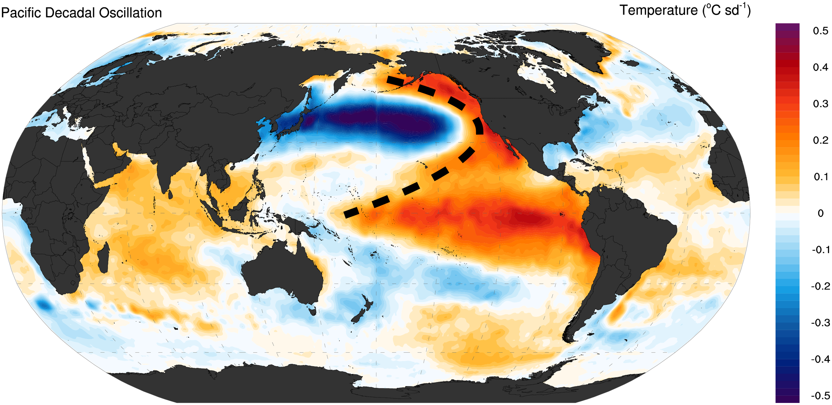 PDO global map showing warmer temperature on the eastern part of the globe, near Europe and Africa.