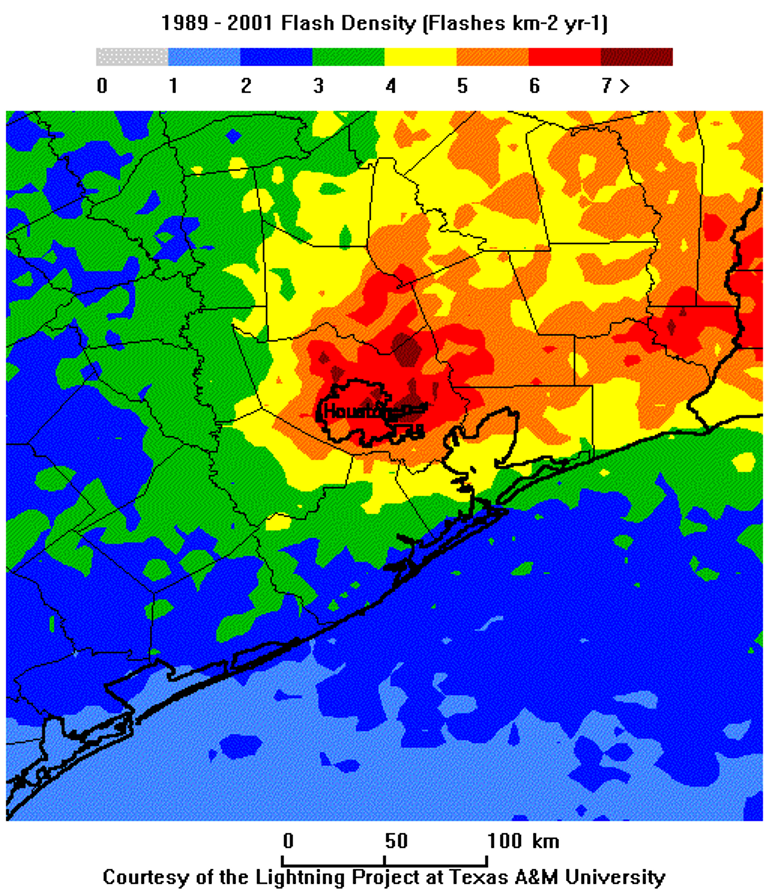 Lightning flash density map of Houston from 1989 to 2001, showing higher densities in red around Houston.